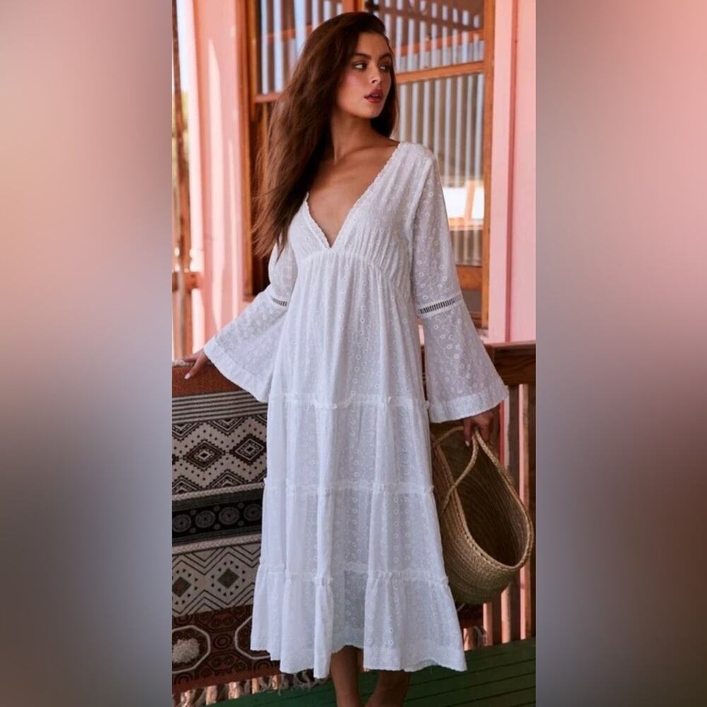 Talisman Zelda Dress Embroidered Midi Bell Sleeve Boho Bridal Party Vacation L